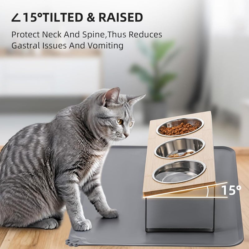 Summark Upgraded Elevated Cat Bowls with Food Mat,15°Tilted Stand Anti Vomiting Raised Cat Dishes for Food and Water,3 Stainless Steel Bowls for Cats and Puppy - Image 3
